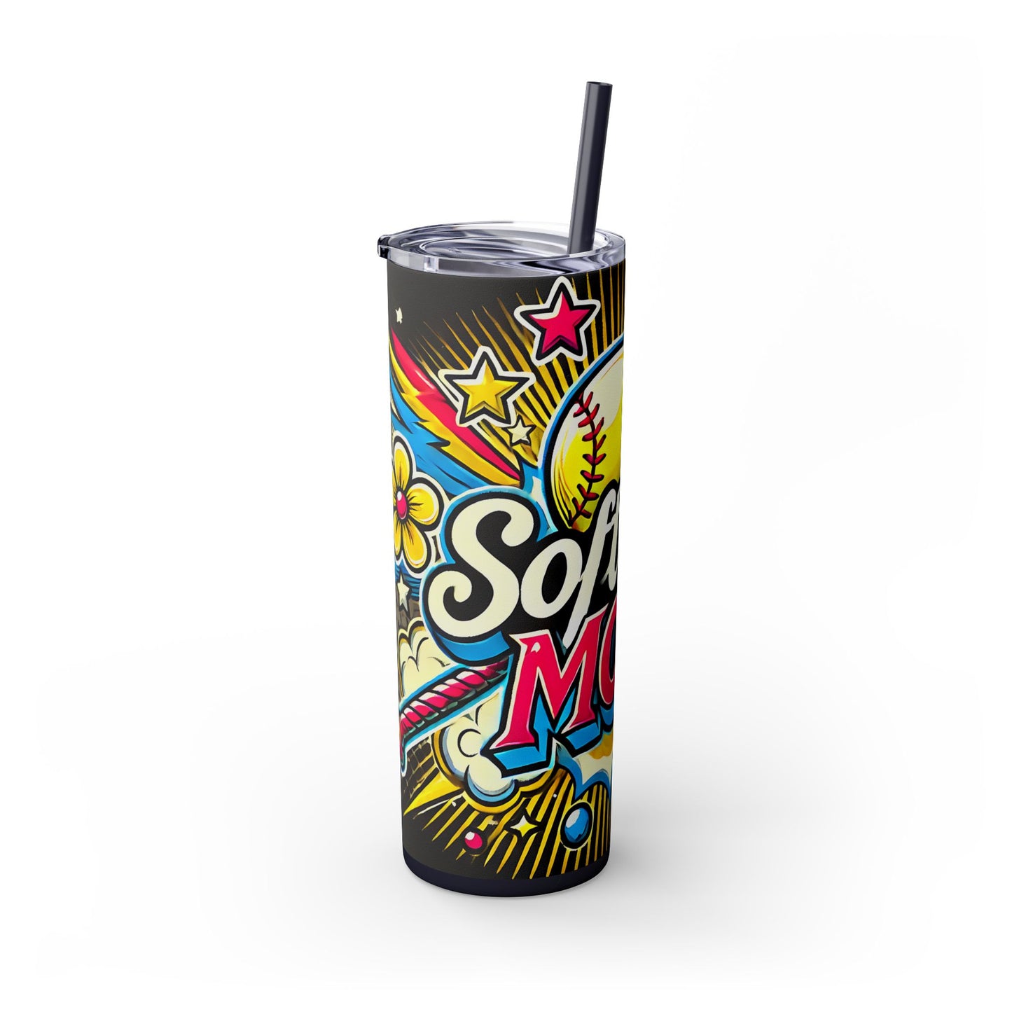Cartoon Inspired Softball Mom Skinny Tumbler with Straw, 20oz