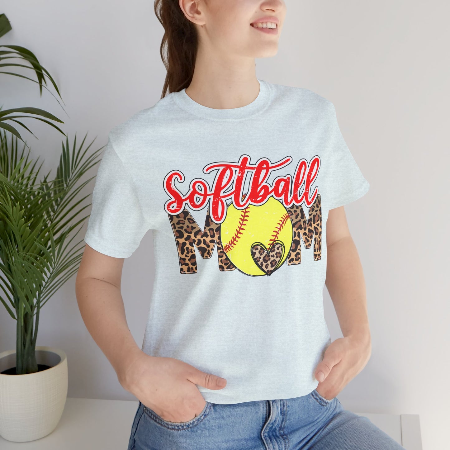 Red and Leopard Softball Mom T Shirt (Light)