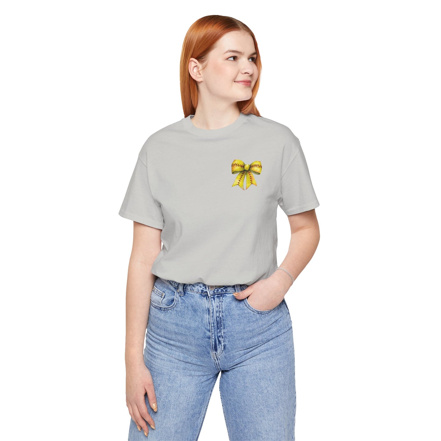 Coquette Bow Front Softball Mom  Rear T Shirt (Light)