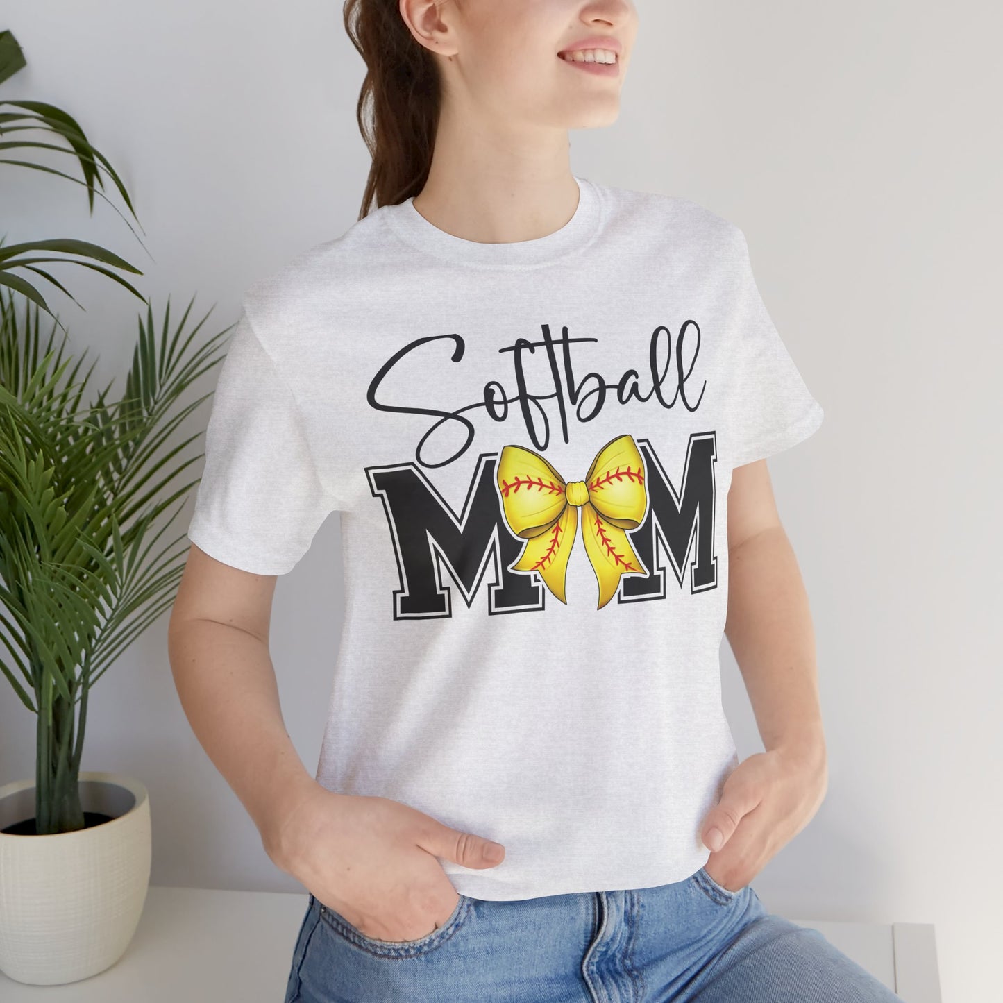 Cursive Softball Mom Coquette Bow T Shirt (Light)