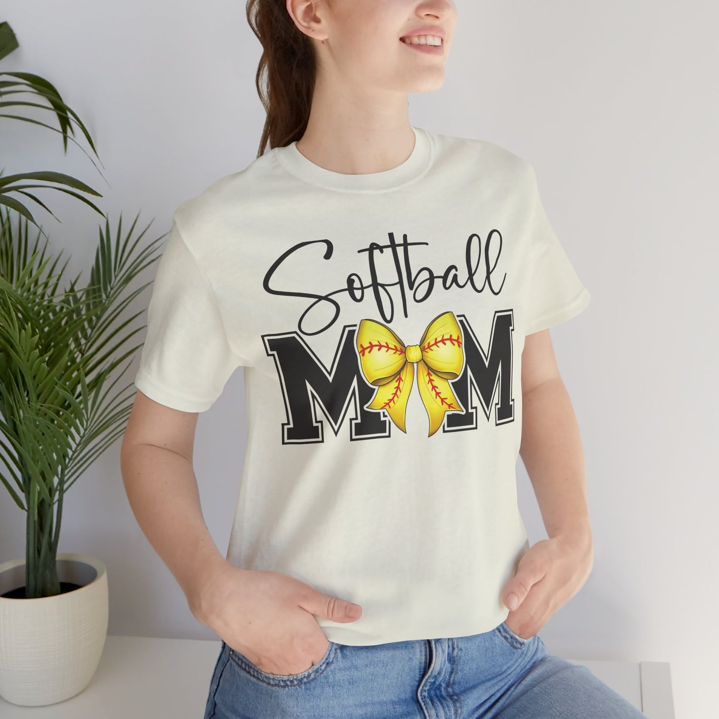 Cursive Softball Mom Coquette Bow T Shirt (Light)