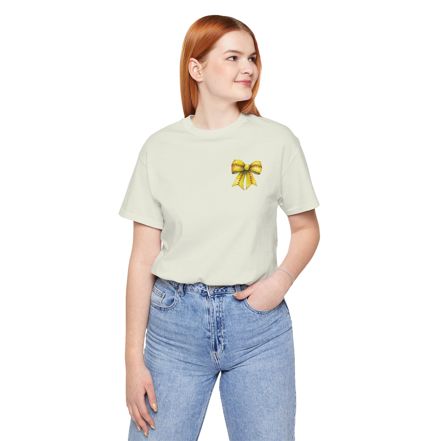 Coquette Bow Front Softball Mom  Rear T Shirt (Light)