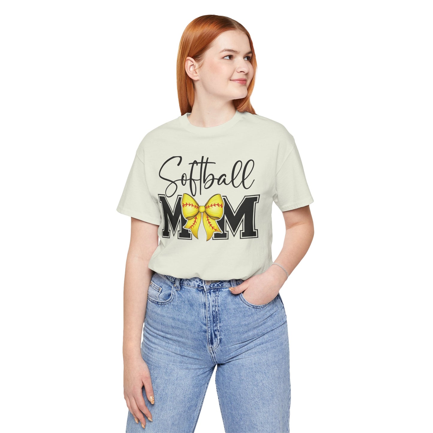 Cursive Softball Mom Coquette Bow T Shirt (Light)