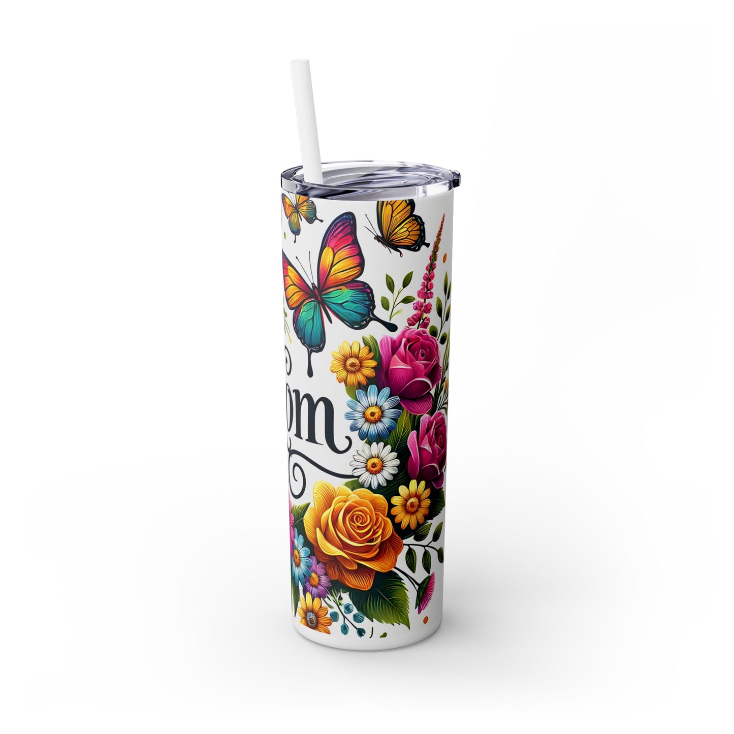 Mom with flowers and butterflies Skinny Tumbler with Straw, 20oz