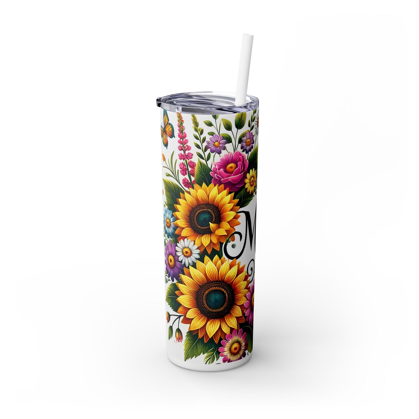 Mom with flowers and butterflies Skinny Tumbler with Straw, 20oz