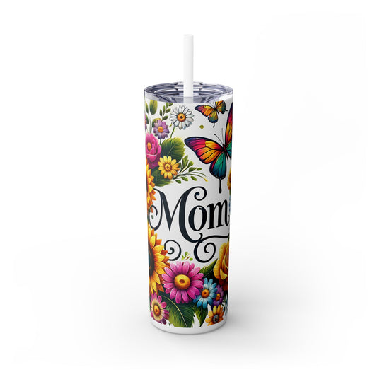 Mom with flowers and butterflies Skinny Tumbler with Straw, 20oz