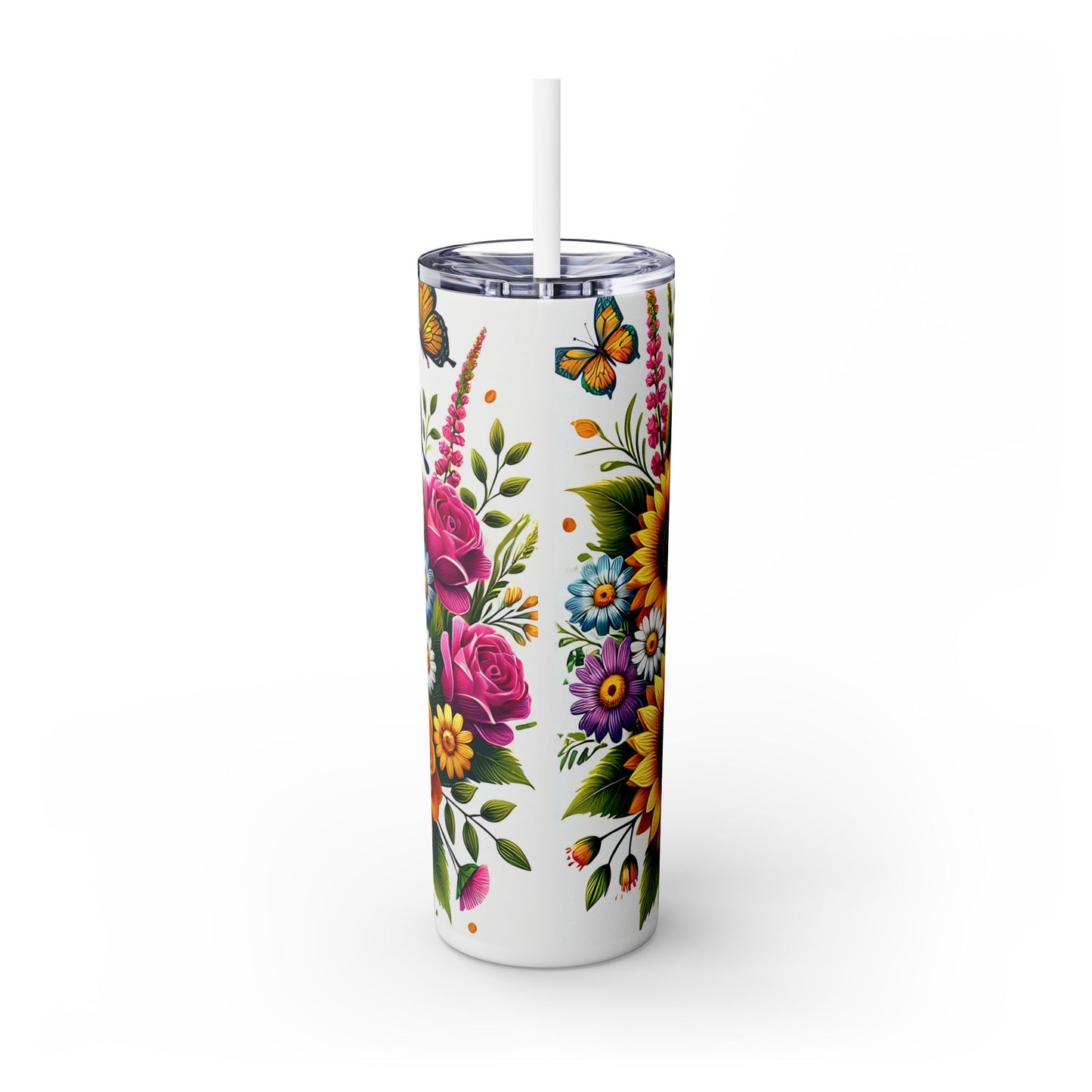 Mom with flowers and butterflies Skinny Tumbler with Straw, 20oz