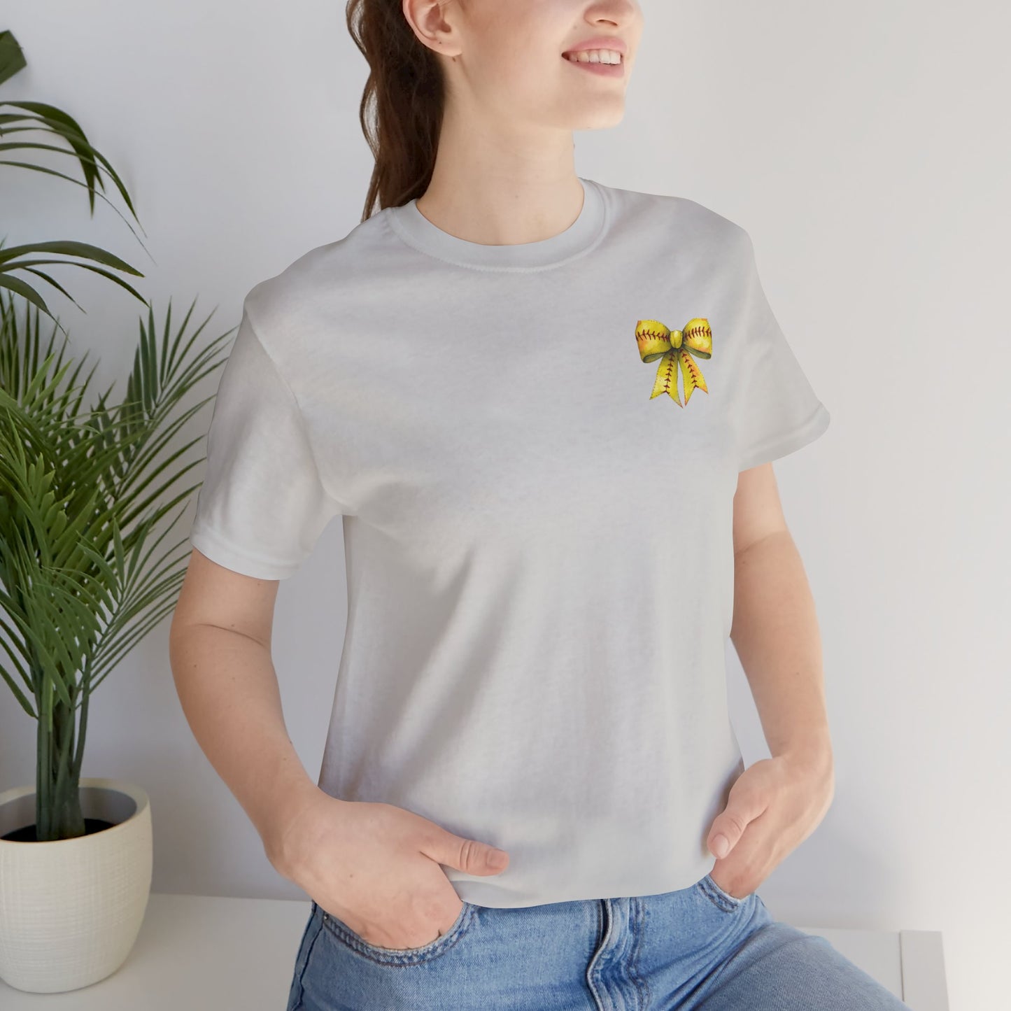 Coquette Bow Front Softball Mom  Rear T Shirt (Light)