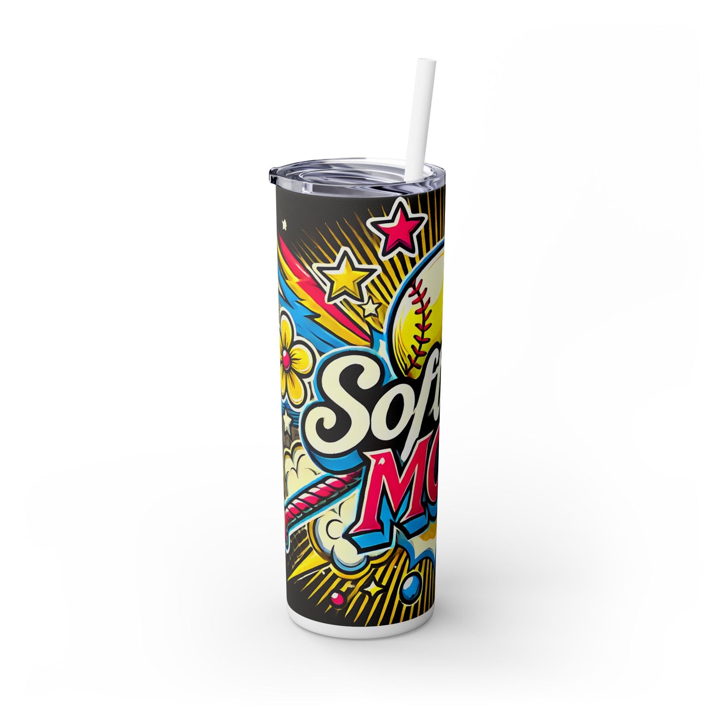Cartoon Inspired Softball Mom Skinny Tumbler with Straw, 20oz