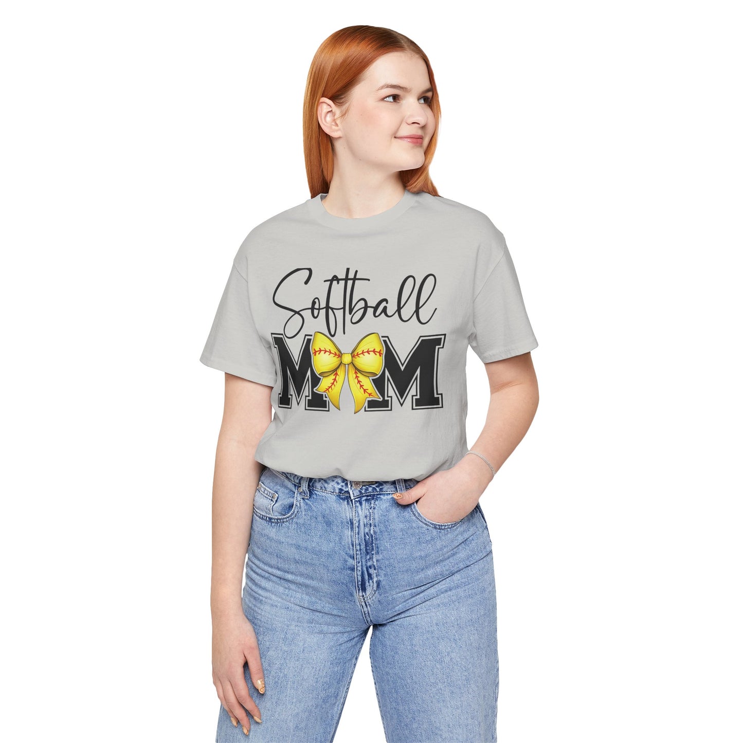Cursive Softball Mom Coquette Bow T Shirt (Light)