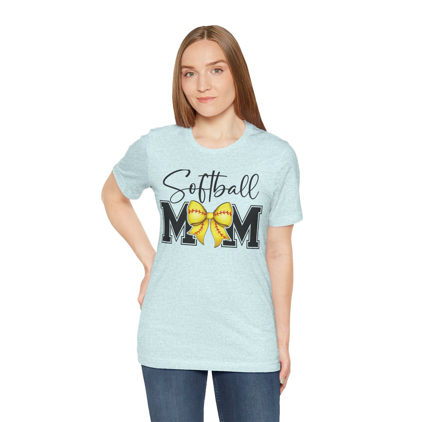 Cursive Softball Mom Coquette Bow T Shirt (Light)