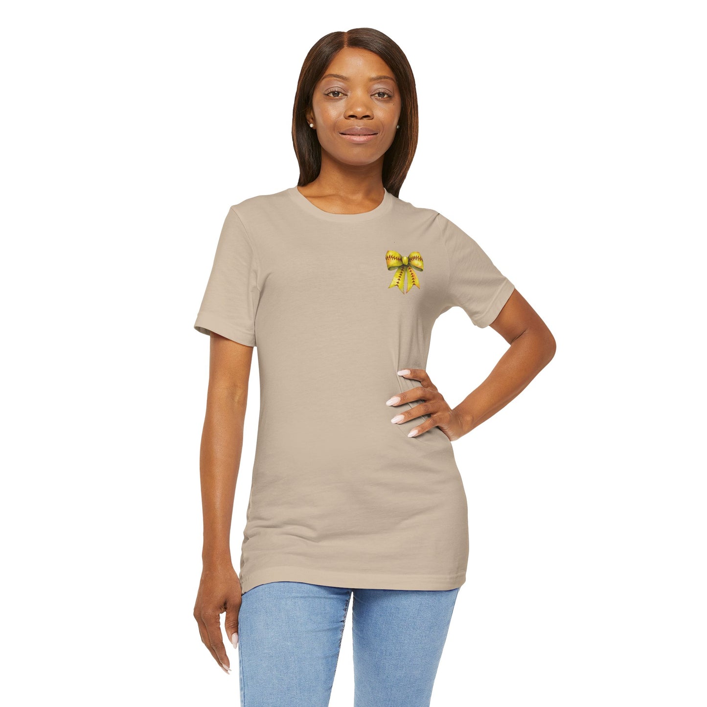 Coquette Bow Front Softball Mom  Rear T Shirt (Light)